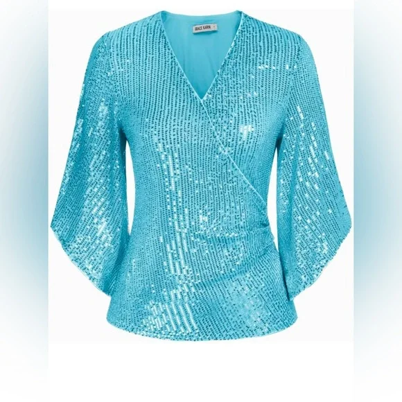 GRACE KARIN Sequin Top 3/4 Sleeve Glitter Sparkly Party Blouse V-Neck Dressy Top - Picture 5 of 6